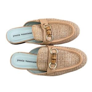 poesie veneziane tan Woven Mules Bamboo gold horsebit buckle leather sole EU38